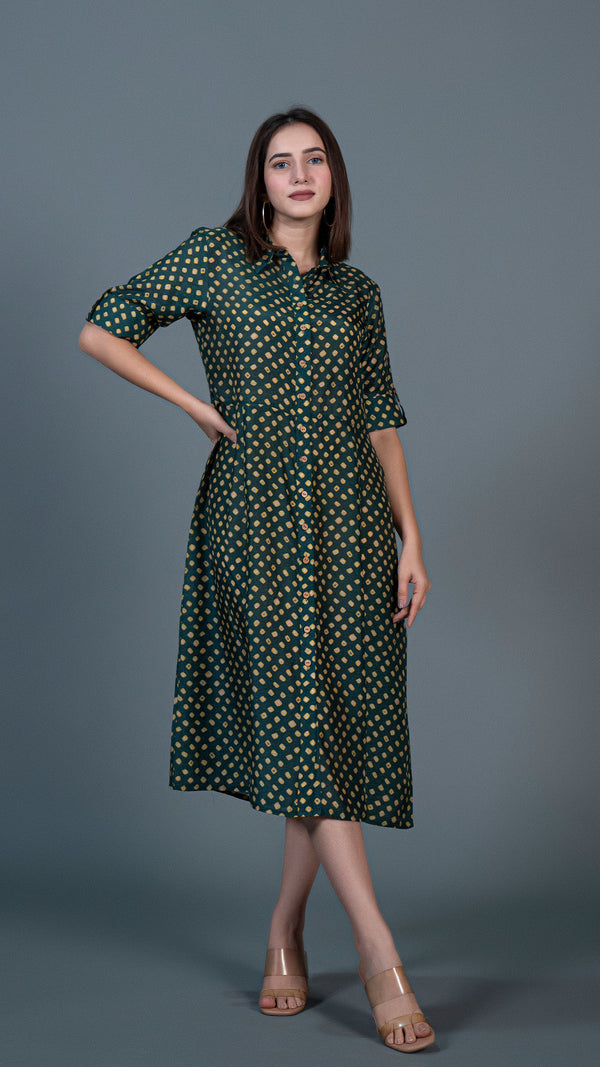 Dark Green Bandhani Print Cotton Silk Shirt Dress