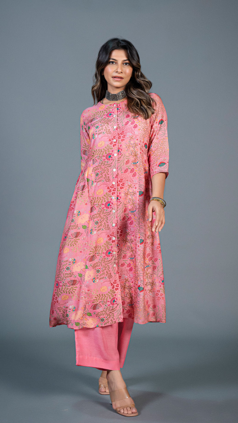 Blush Pink Under The Sea Print Pleated Kurta In Cotton Silk