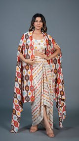 Off White Ikkat Print Drape Skirt Set In Cotton Silk