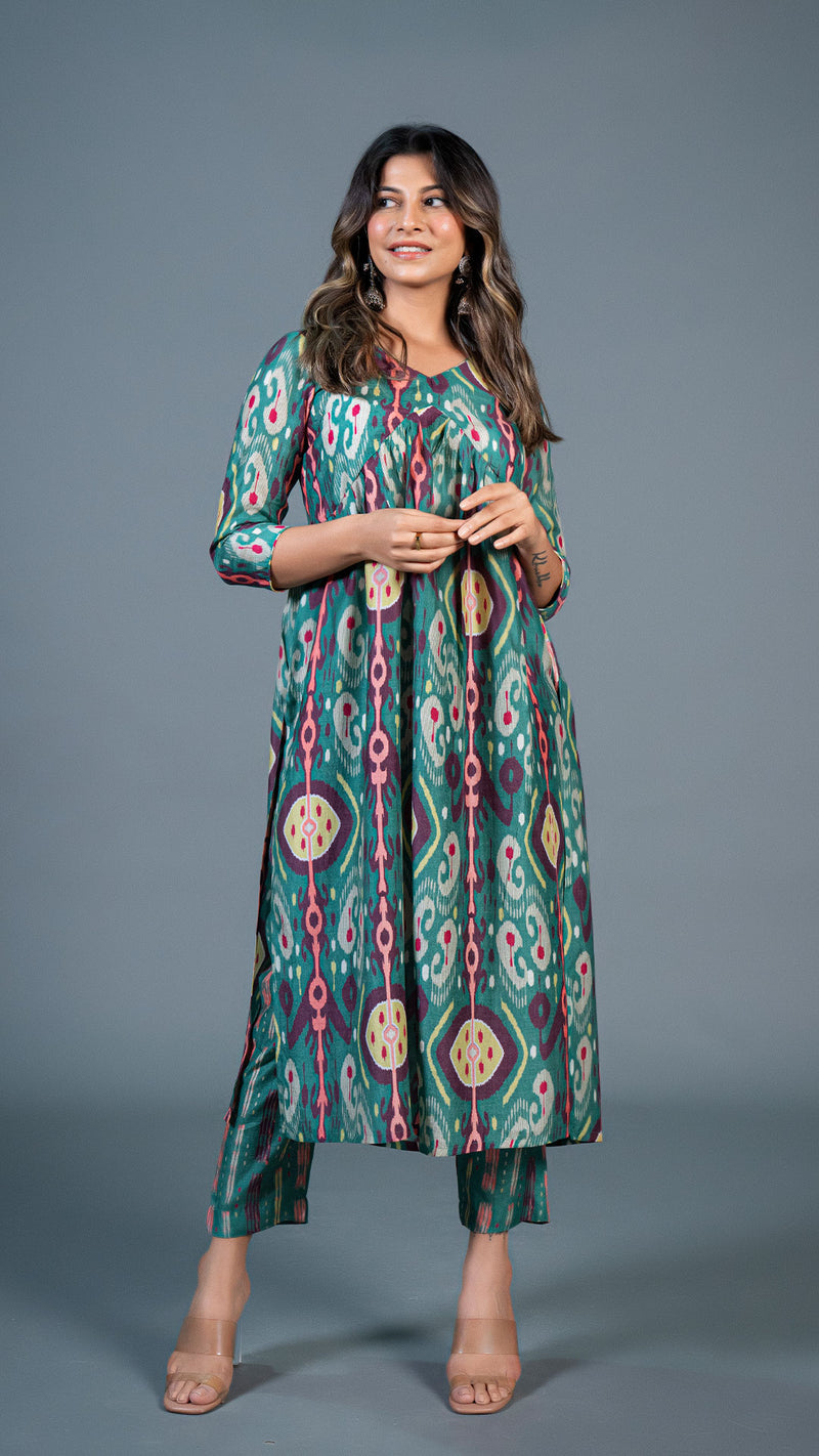 Green Ikkat Print Pleated Kurta In Cotton Silk