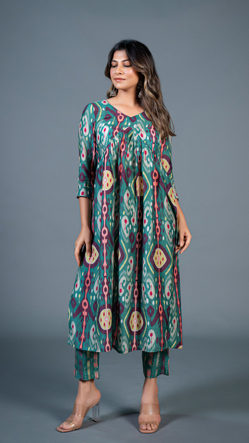 Green Ikkat Print Pleated Kurta In Cotton Silk