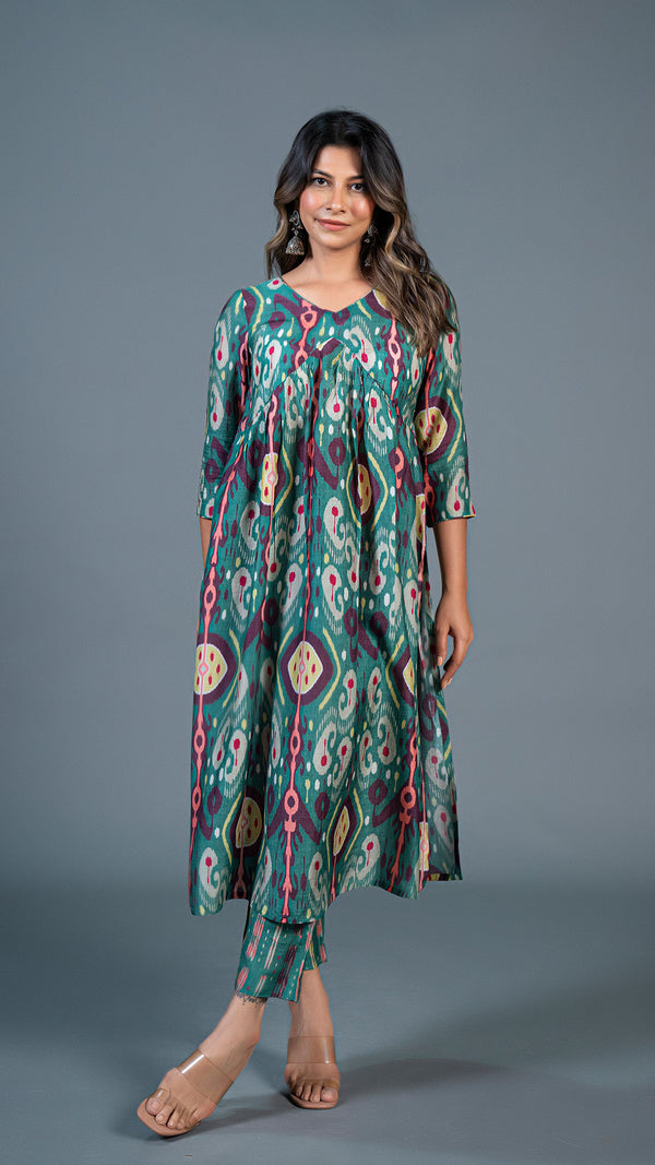 Green Ikkat Print Pleated Kurta In Cotton Silk