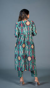 Green Ikkat Print Pleated Kurta In Cotton Silk