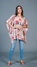 Off White Floral Print Short Kaftan Top In Cotton Silk