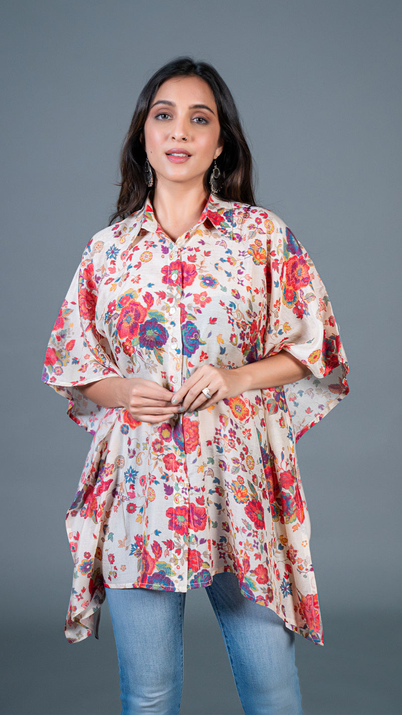 Off White Floral Print Short Kaftan Top In Cotton Silk