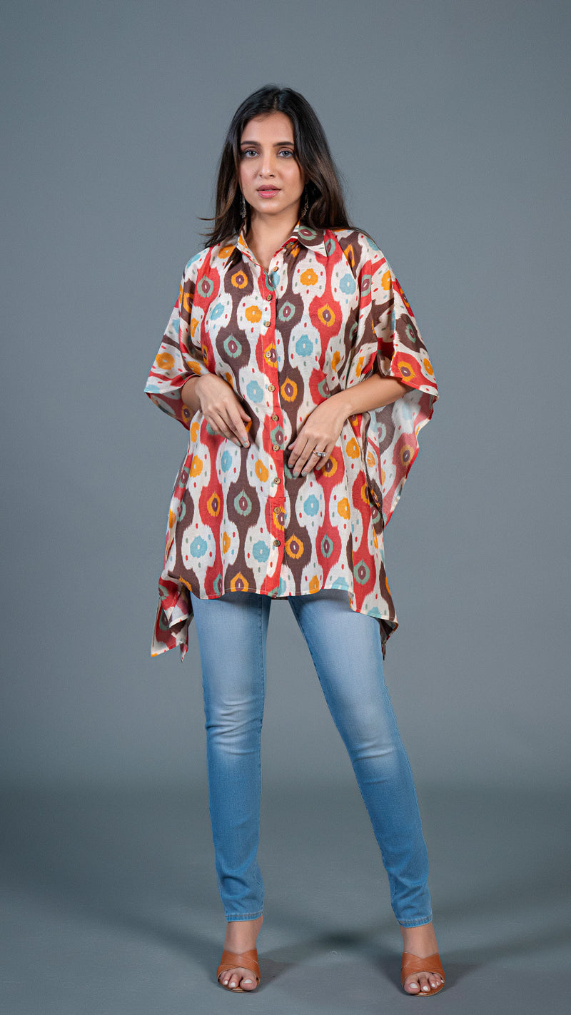 Off White Ikkat Print Short Kaftan Top In Cotton Silk