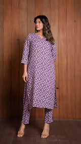 Lavender Geometric Print Pure Linen Kurta