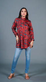 Deep Red Floral Print Short Top In Modal Satin Silk