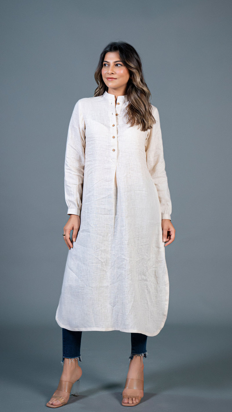 Beige Jabha Style Linen Kurta