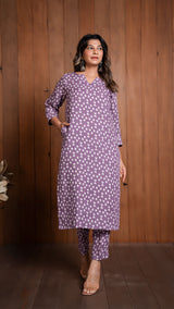 Lavender Geometric Print Pure Linen Kurta