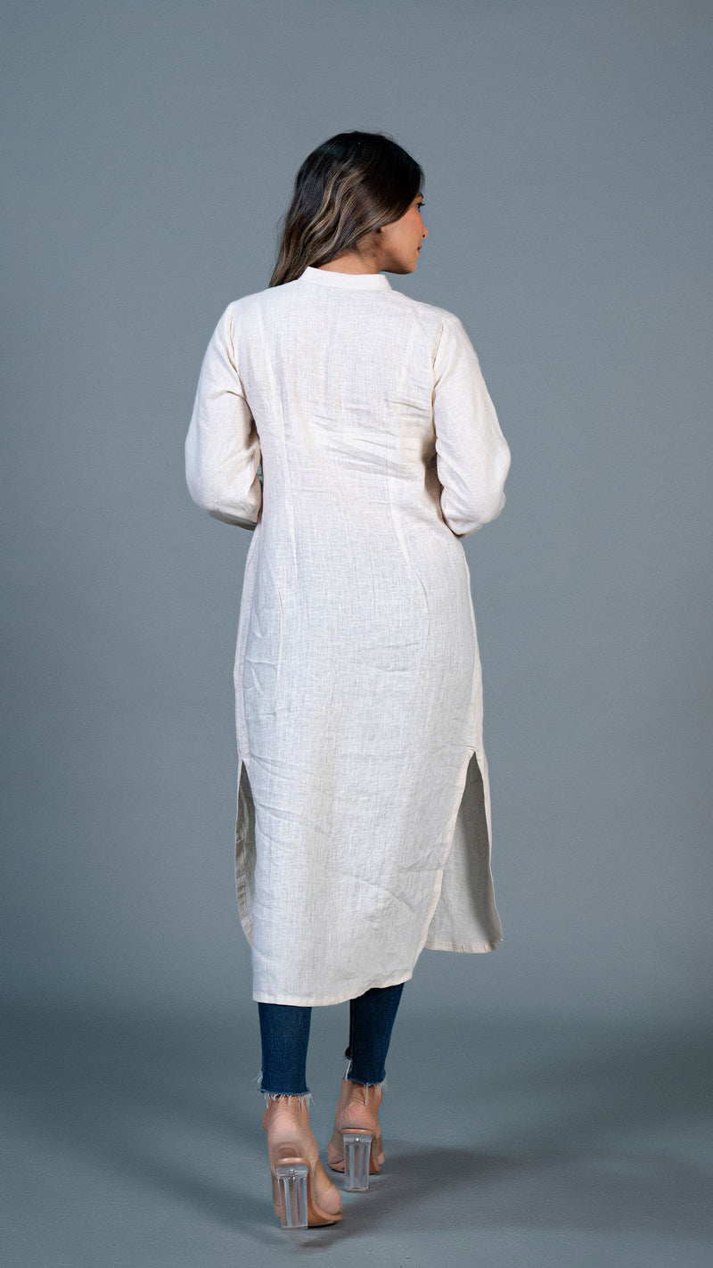 Beige Jabha Style Linen Kurta