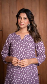 Lavender Geometric Print Pure Linen Kurta