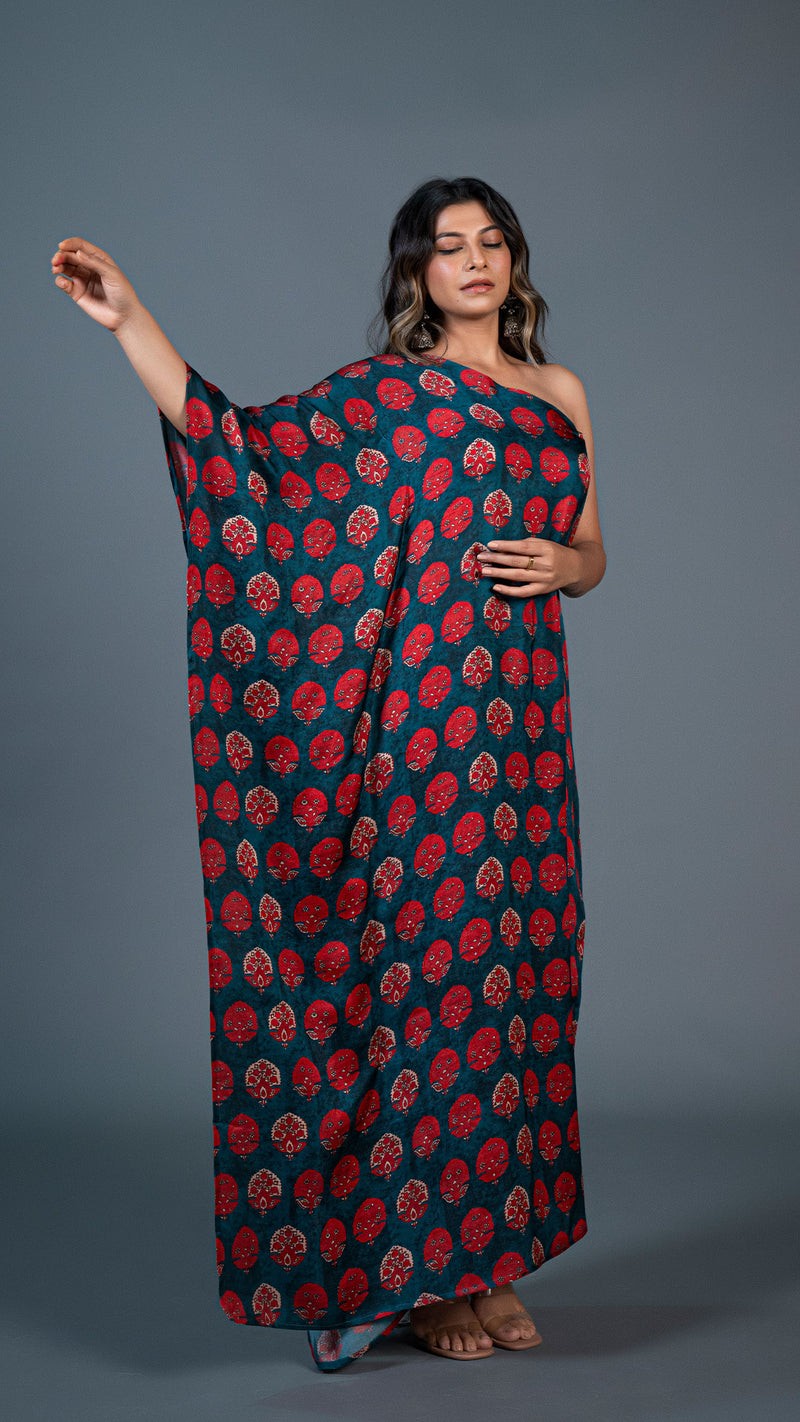 Teal Green One Shoulder Kaftan With Red Motifs In Modal Silk