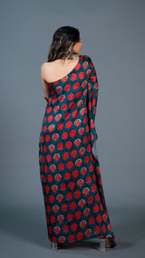 Teal Green One Shoulder Kaftan With Red Motifs In Modal Silk