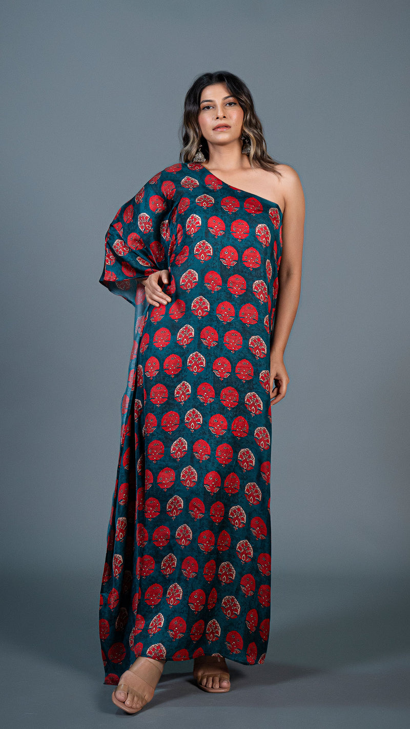 Teal Green One Shoulder Kaftan With Red Motifs In Modal Silk