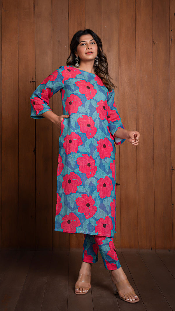 Garden Of Dreams Pure Linen Kurta - Blue/Pink