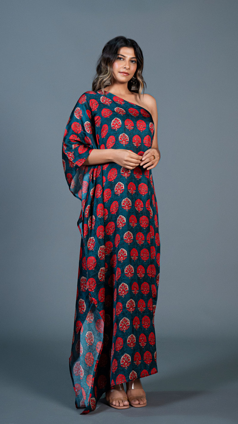 Teal Green One Shoulder Kaftan With Red Motifs In Modal Silk