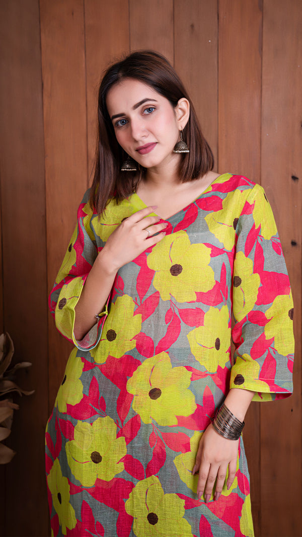 Garden Of Dreams Pure Linen Kurta - Yellow/Pink