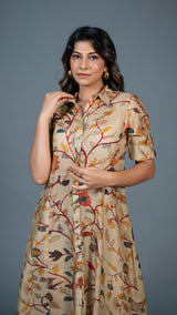 Beige Kalamkari Cotton Silk Shirt Dress