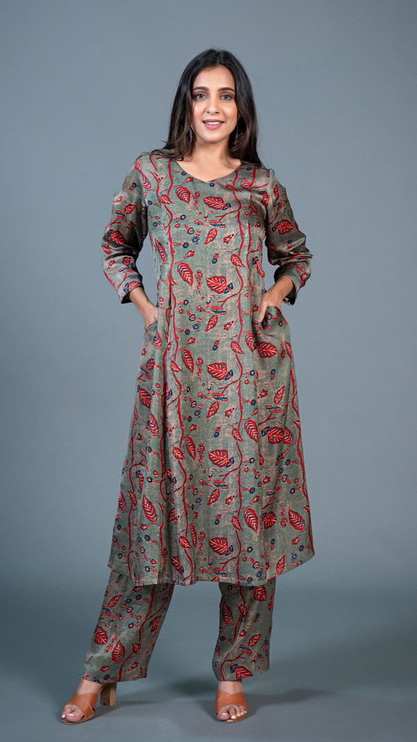 Dusty Green leafy print Kali Kurta In Modal Silk