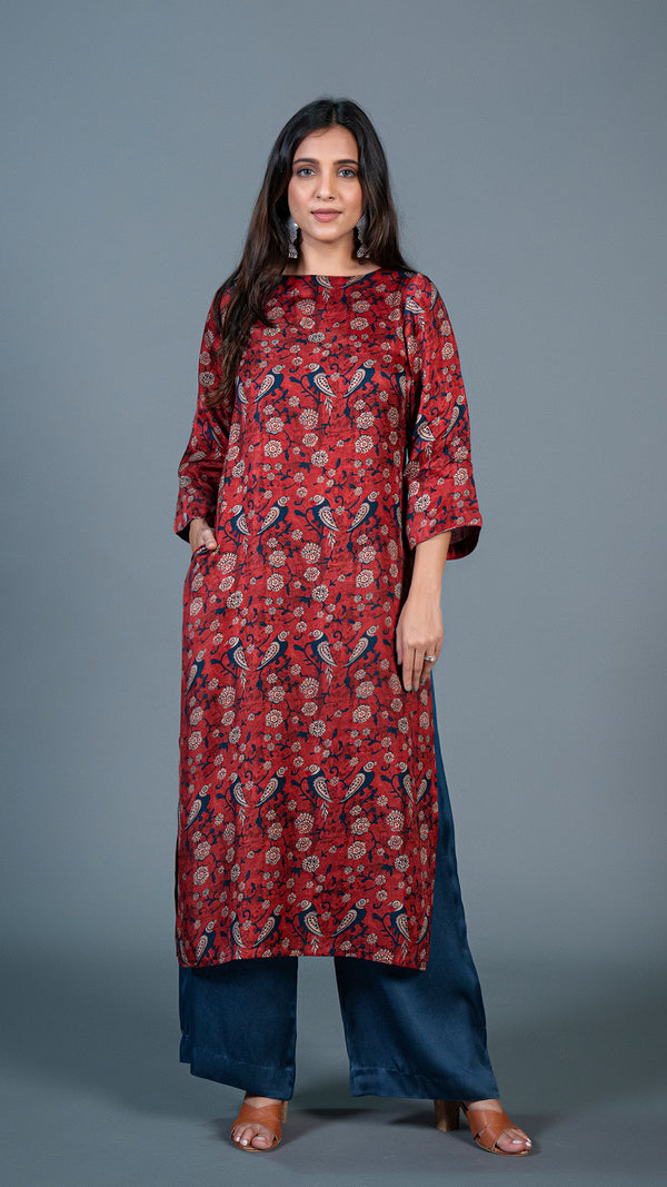 Deep Red Parrot Print Kurta In Modal Silk