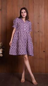 Lavender Geometric Print Pure Linen Tier Dress