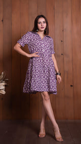 Lavender Geometric Print Pure Linen Tier Dress