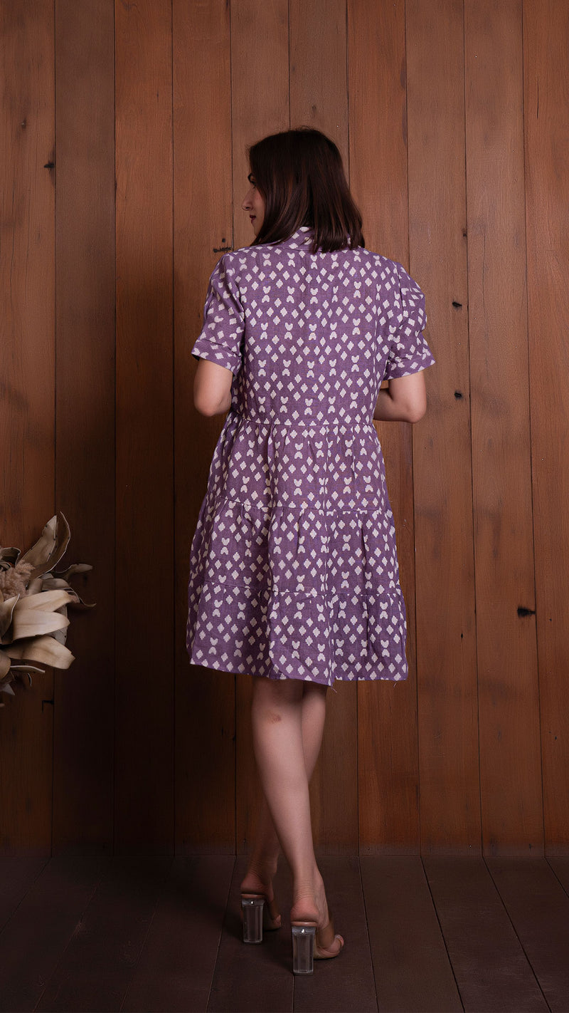 Lavender Geometric Print Pure Linen Tier Dress