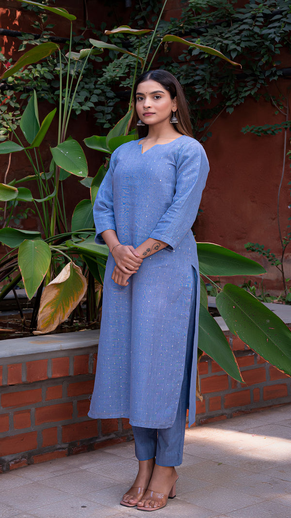 Durga Embellished Pure Linen Kurta + Pants - Pastel Blue