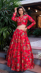 Birds of Paradise Silk Lehenga Set - Red