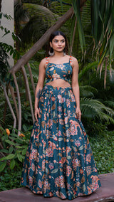 Birds of Paradise Silk Lehenga Set - Teal