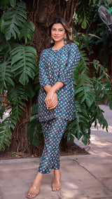 Anika Small Butti Silk Straight Short Kurta + Pants - Teal