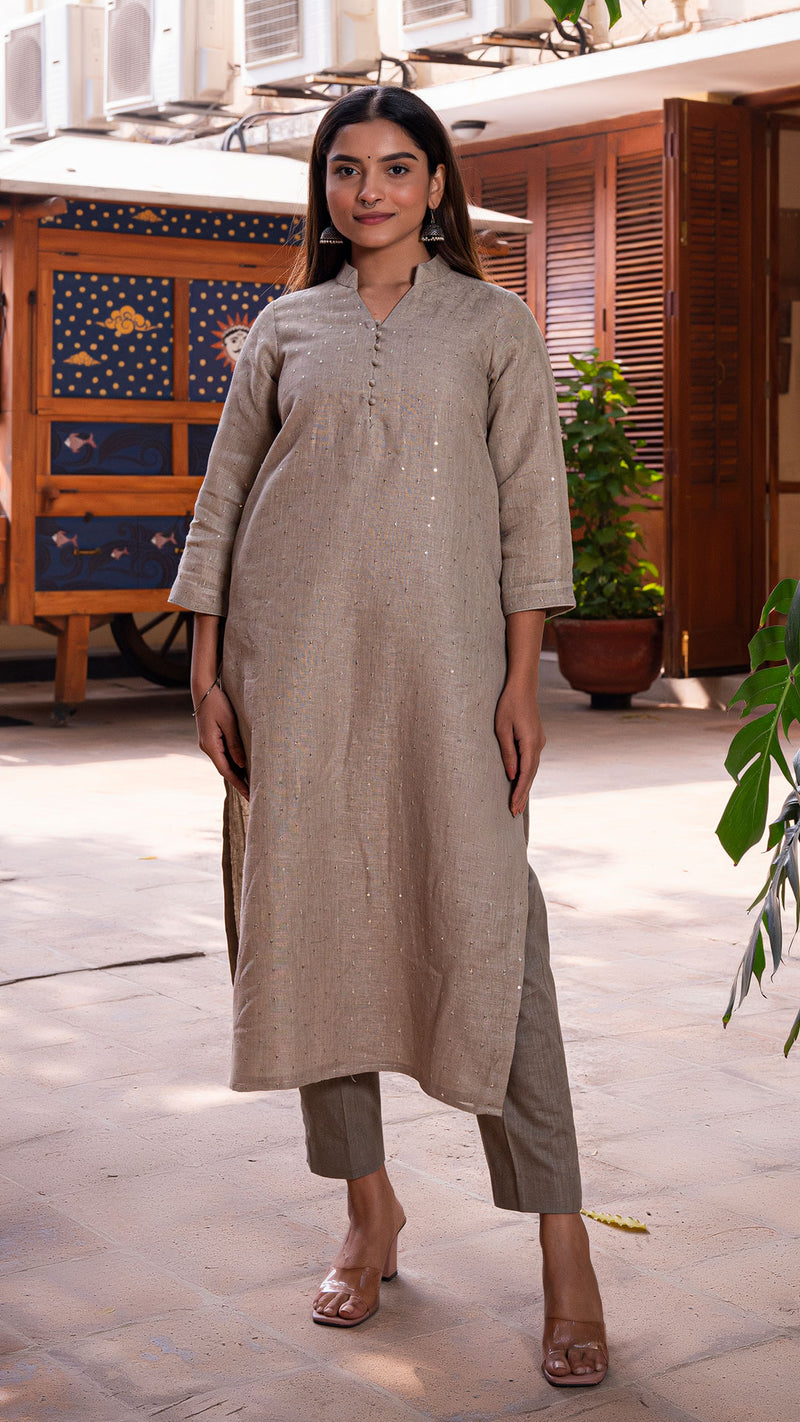 Heena Embellished Pure Linen Kurta + Pants - Slate Grey