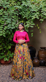 Kalamkari Silk Lehenga - Mustard Yellow with Bandhani Blouse