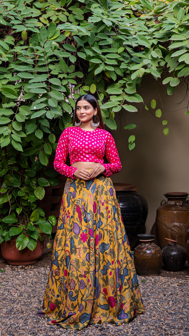 Kalamkari Silk Lehenga - Mustard Yellow with Bandhani Blouse