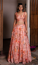 Floral Fantasy Silk Lehenga Set - Peach