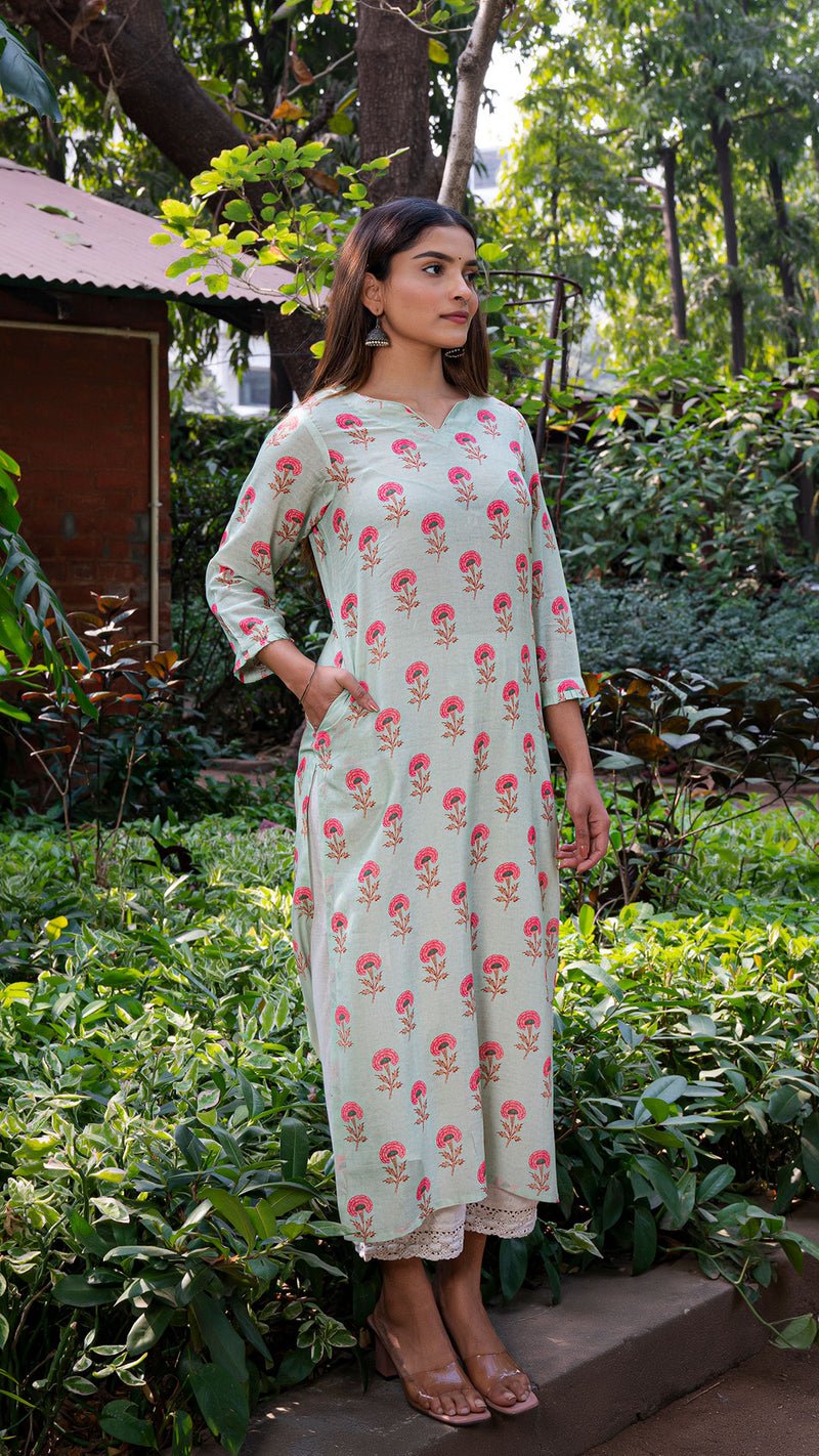 Jayati Soft Silk Printed Kurta - Mint Green