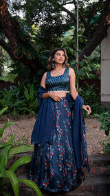 Mughal Flora Silk Lehenga Set - Indigo