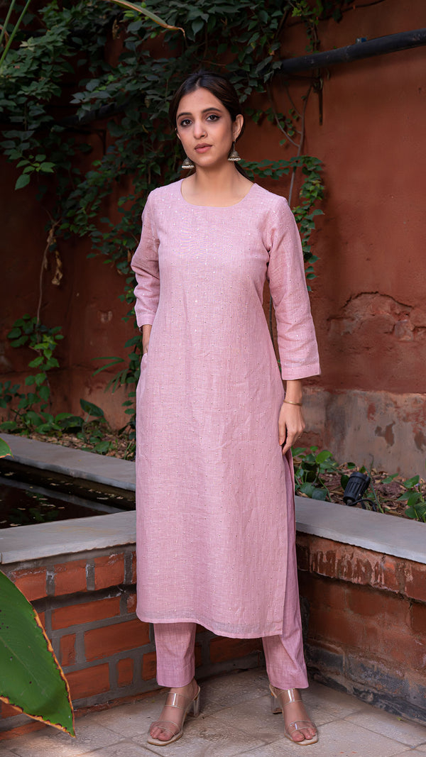 Hasti Embellished Pure Linen Kurta + Pants - Pastel Pink