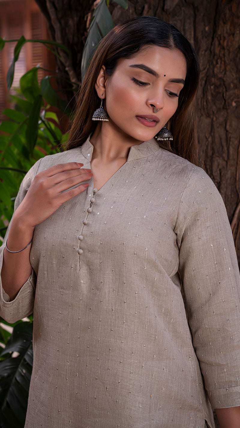 Heena Embellished Pure Linen Kurta + Pants - Slate Grey