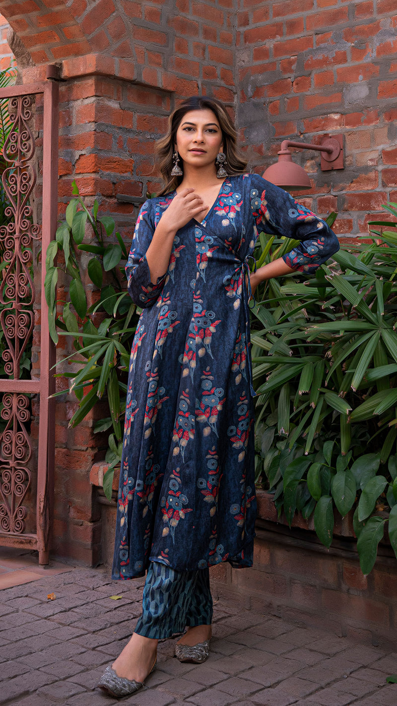 Mughal Flora Double Kali Flared Angarakha Silk Kurta - Blue