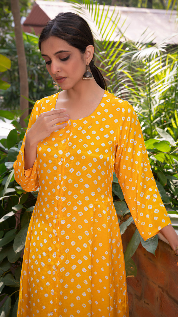 Bandhani Kali Silk Kurta Set - Sunshine Yellow