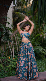 Birds of Paradise Silk Lehenga Set - Teal