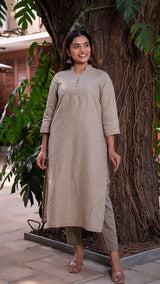 Heena Embellished Pure Linen Kurta + Pants - Slate Grey