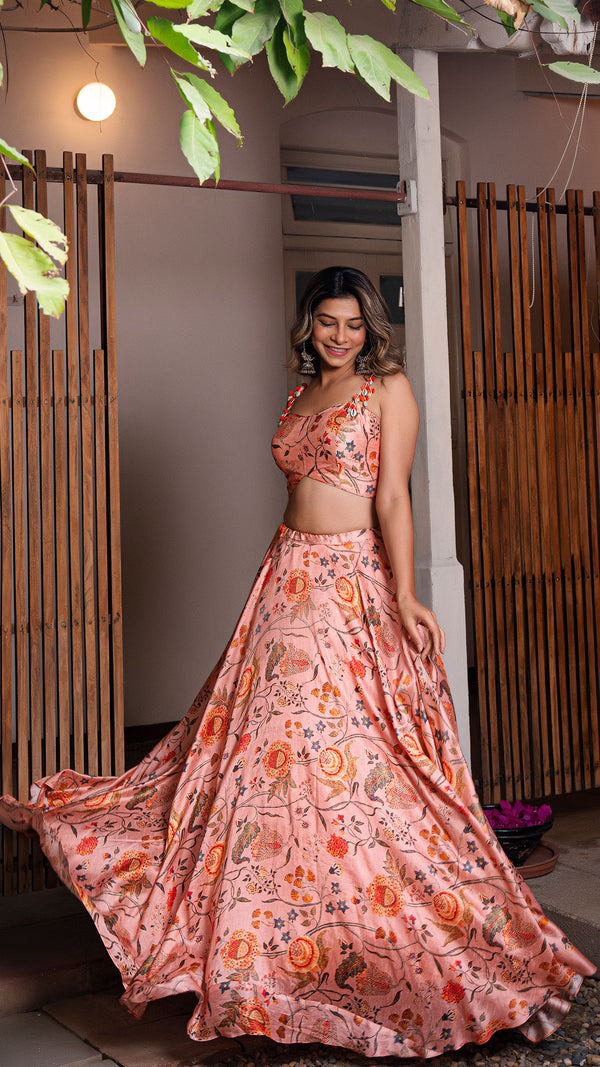 Floral Fantasy Silk Lehenga Set - Peach