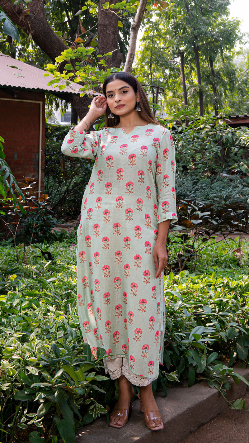 Jayati Soft Silk Printed Kurta - Mint Green