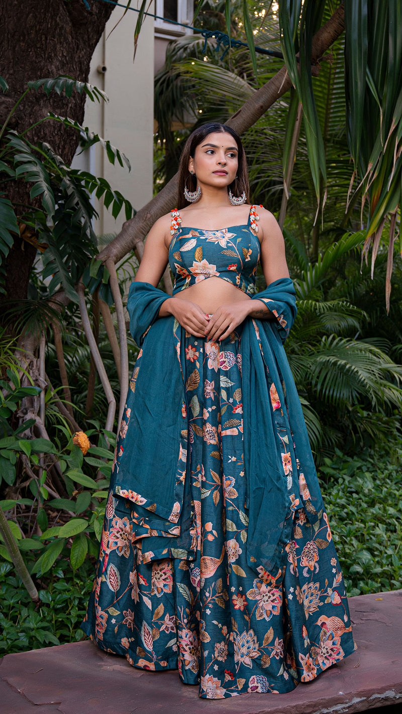 Birds of Paradise Silk Lehenga Set - Teal