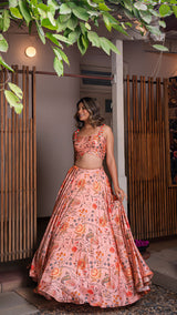 Floral Fantasy Silk Lehenga Set - Peach