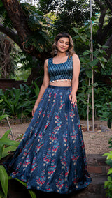 Mughal Flora Silk Lehenga Set - Indigo