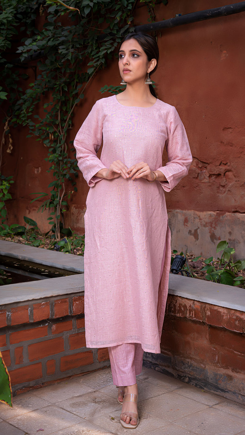 Hasti Embellished Pure Linen Kurta + Pants - Pastel Pink